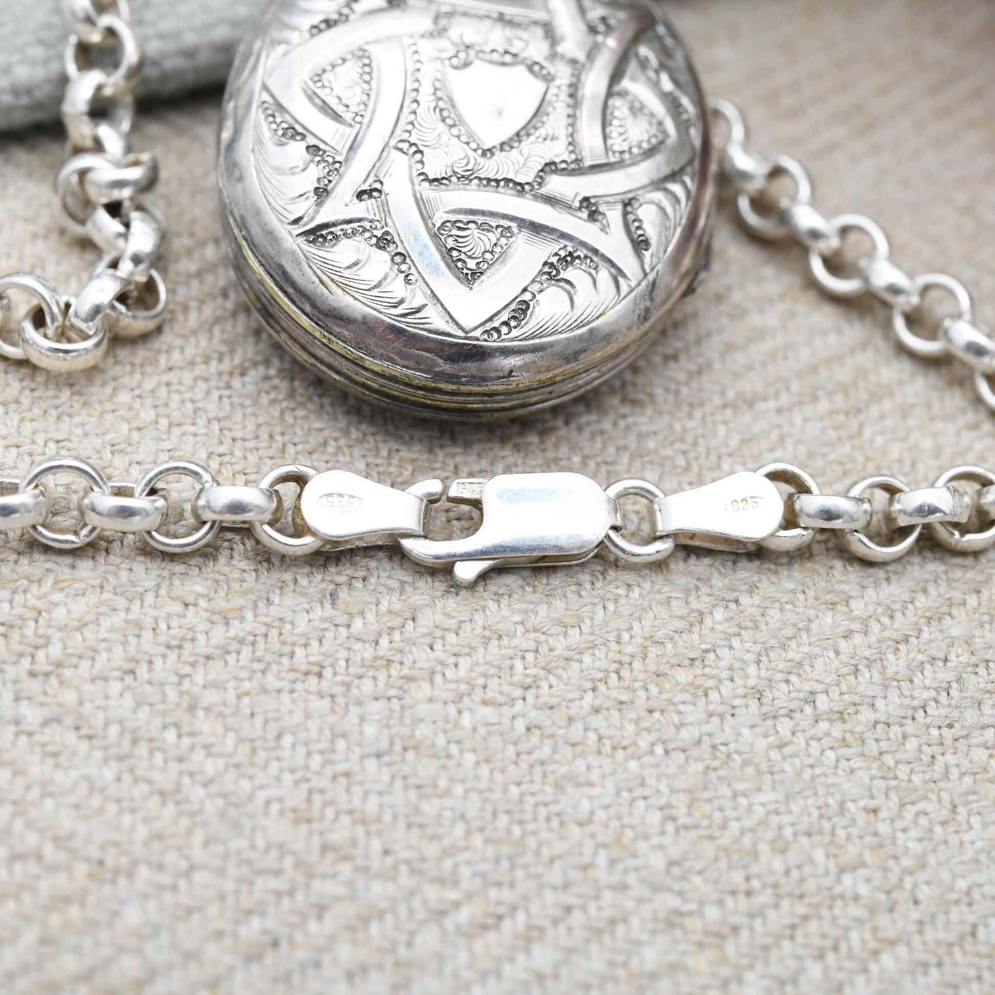 Antique Victorian Sterling Silver Locket Enamel Star Design - Engraved Quatrefoil Ornate Aesthetic Movement Oval Pendant on Chunky Chain