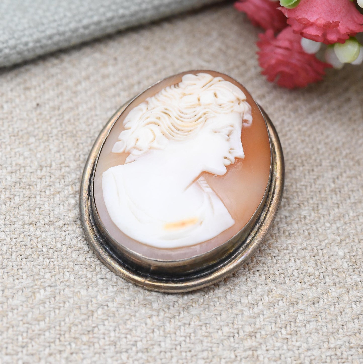 Vintage European Silver Cameo Brooch - Carved Shell Woman Profile Portrait