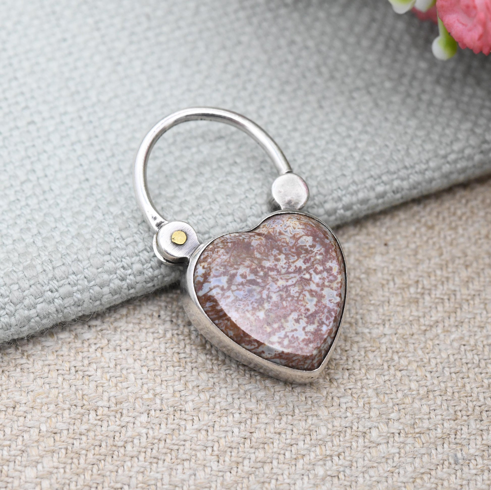 Antique Victorian Agate Heart Padlock Pendant c. 1880s with Locket Compartment - Charm Necklace Clasp