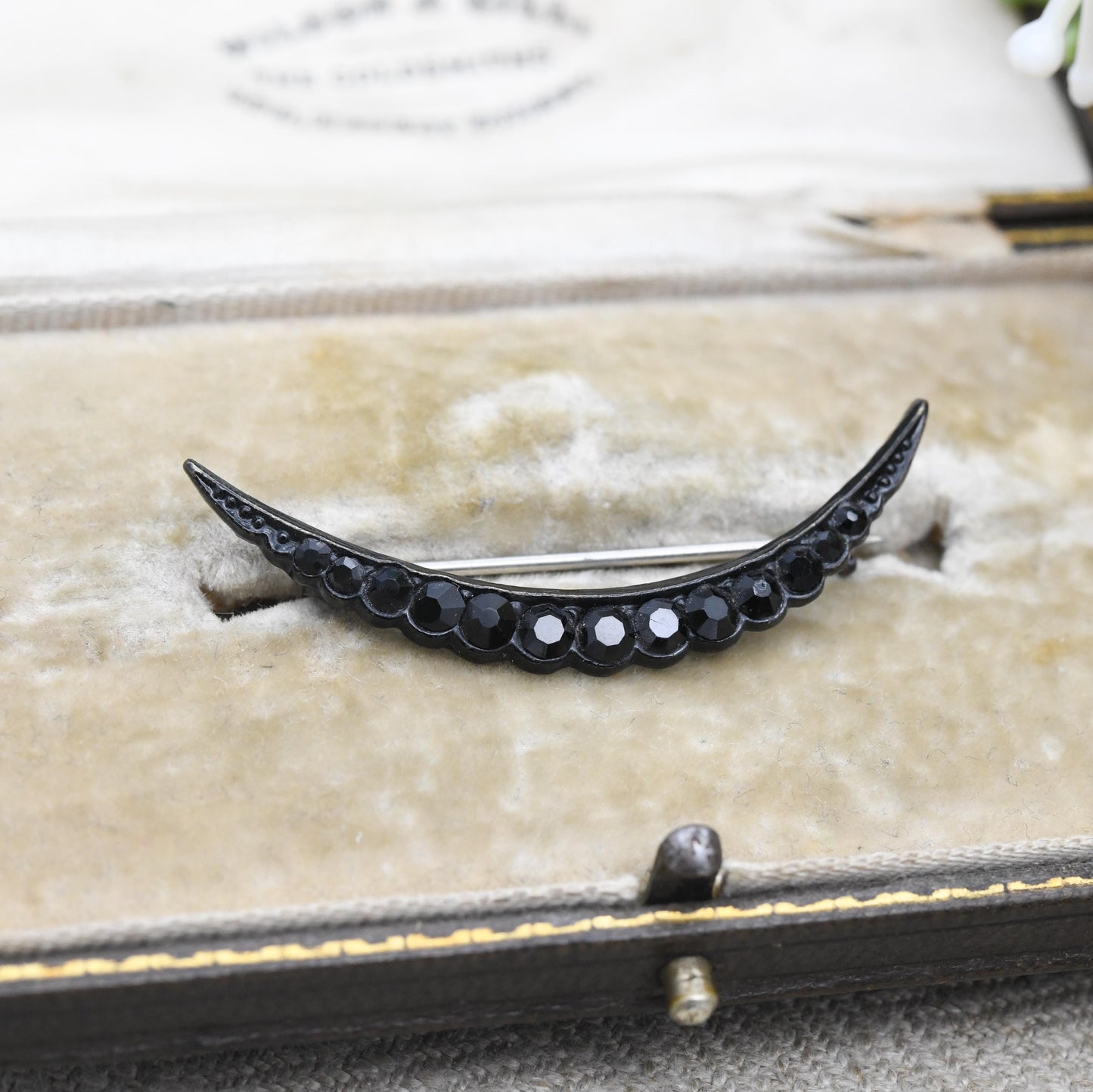 Antique Victorian Black Crescent Moon Brooch - Faceted Glass Stones | Unisex Lapel Pin | Celestial Jewellery Gift for Her