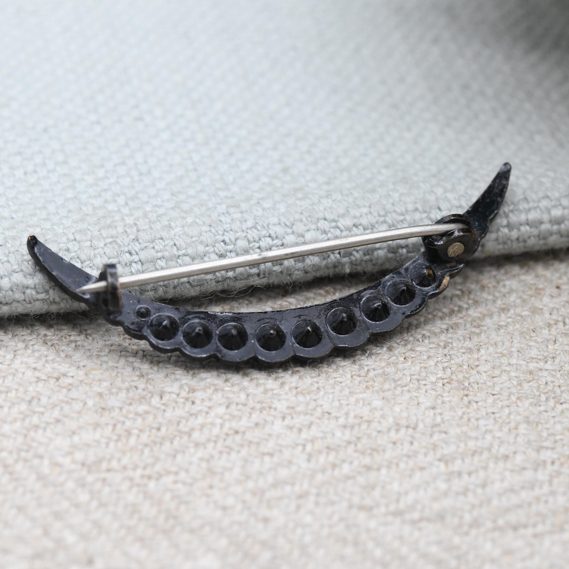 Antique Victorian Black Crescent Moon Brooch - Faceted Glass Stones | Unisex Lapel Pin | Celestial Jewellery Gift for Her