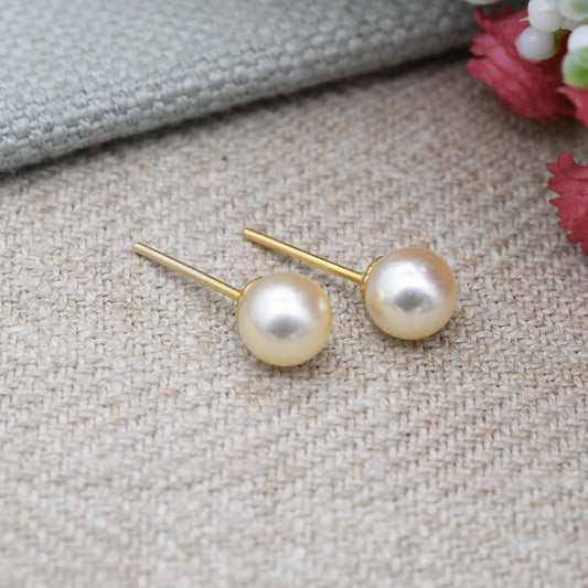 Vintage 9ct Gold Pearl Stud Earrings 7mm - Large Minimalist White Cultured Pearl Round Ball Earrings | Everyday Studs Jewellery Gift for Her