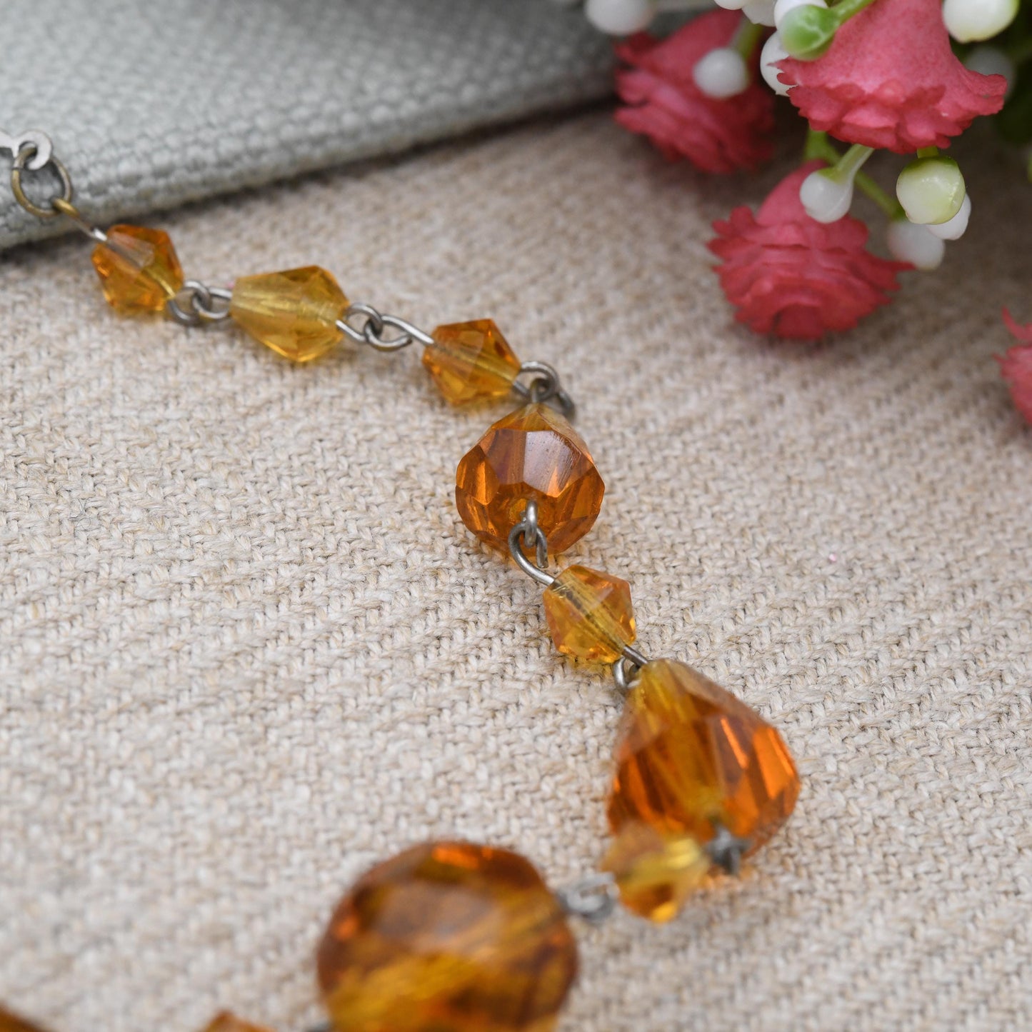 Antique Orange Czech Glass Bead Necklace c. 1920s 1930s - Faceted Cut Glass | Graduated Beaded Necklace | 16"