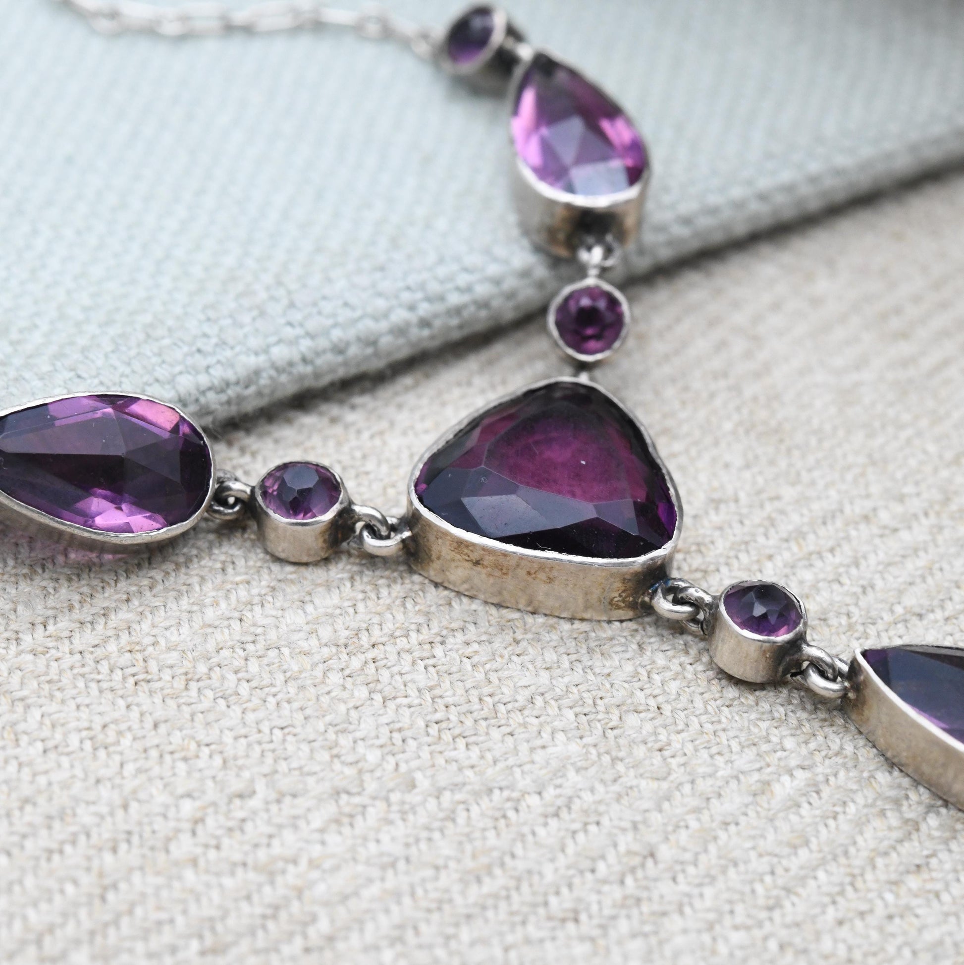 True Vintage Silver Necklace with Faceted Purple Stone Drop - 16"