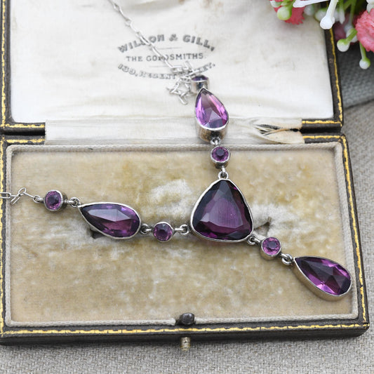 True Vintage Silver Necklace with Faceted Purple Stone Drop - 16"