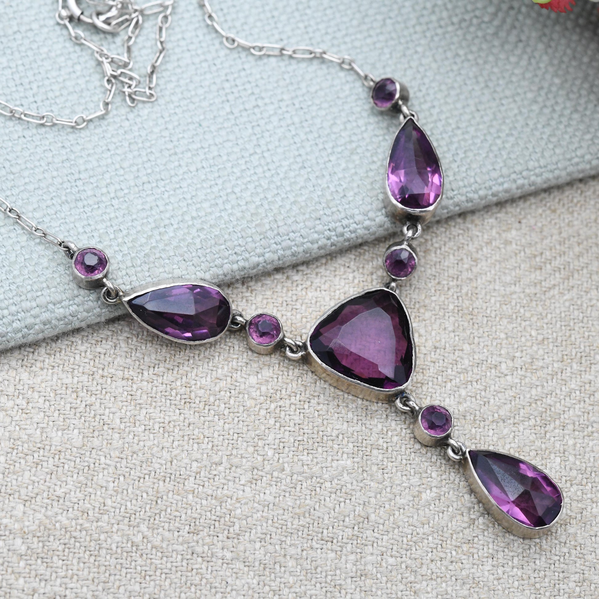True Vintage Silver Necklace with Faceted Purple Stone Drop - 16"