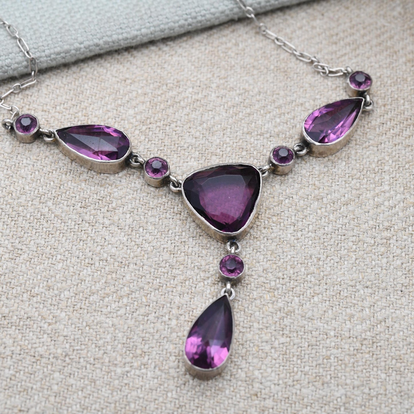 True Vintage Silver Necklace with Faceted Purple Stone Drop - 16"