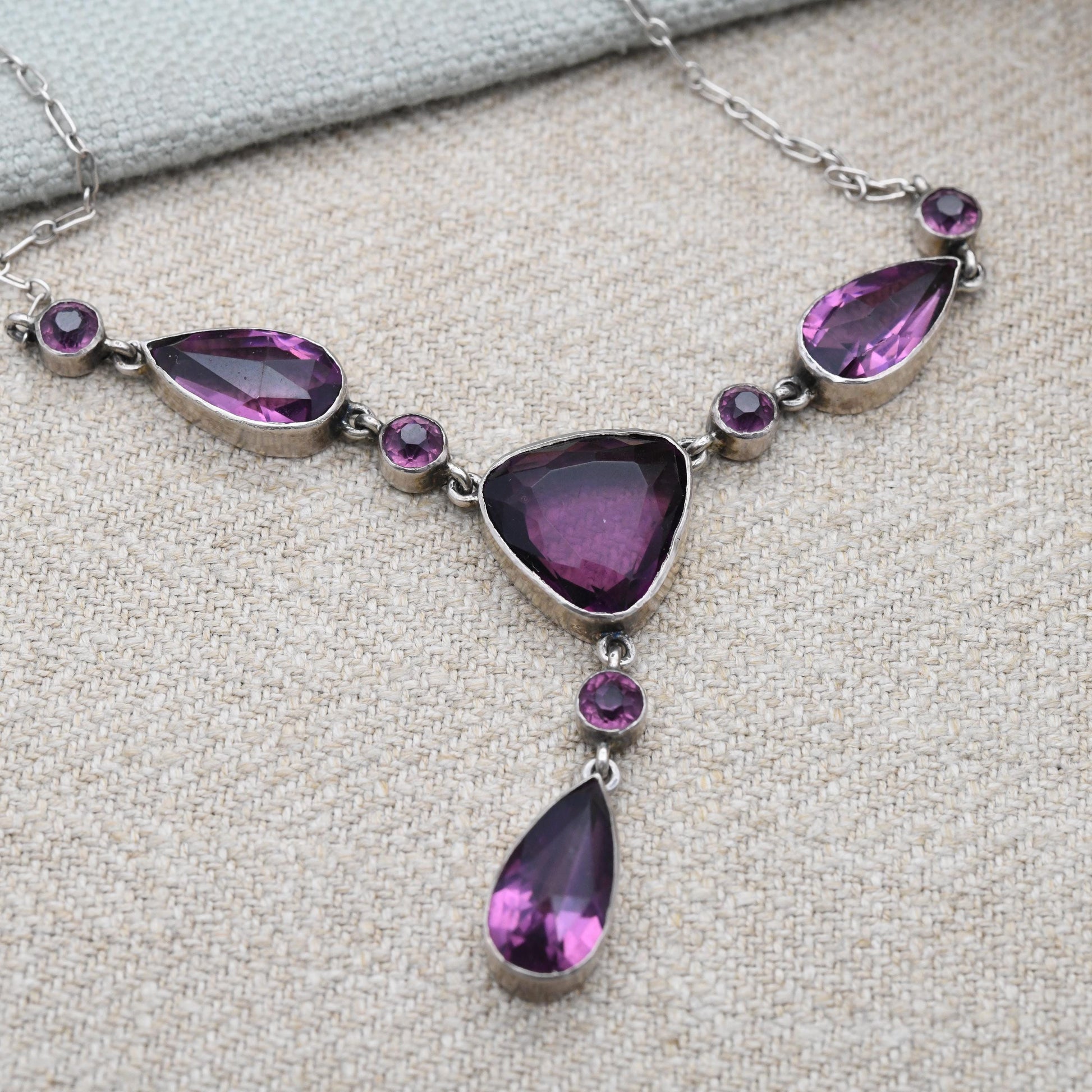 True Vintage Silver Necklace with Faceted Purple Stone Drop - 16"