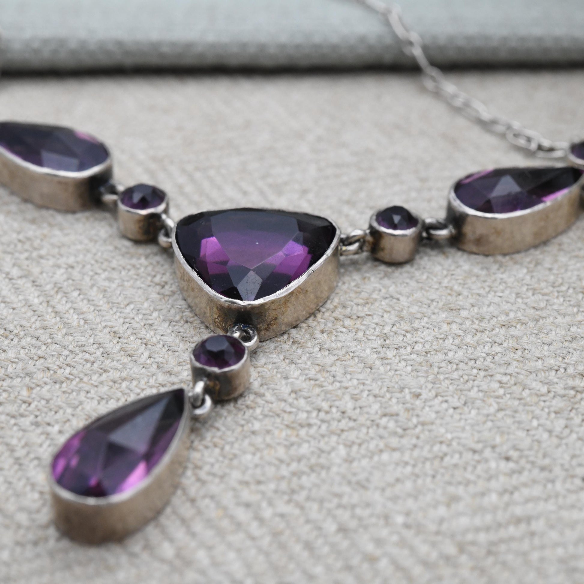 True Vintage Silver Necklace with Faceted Purple Stone Drop - 16"