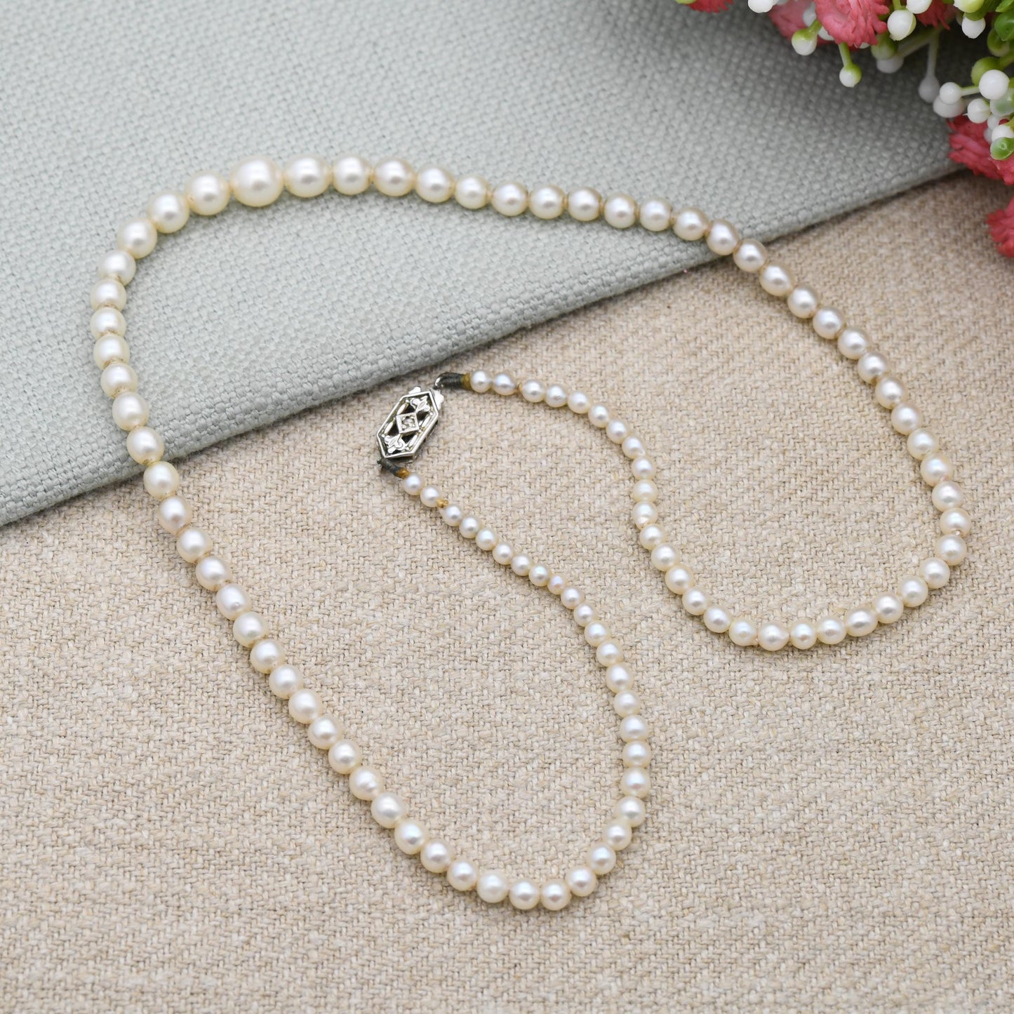 Diamond Pearl Necklace 9ct White Gold Clasp - Delicate Graduated Pearl Strand | Choker Length 16"