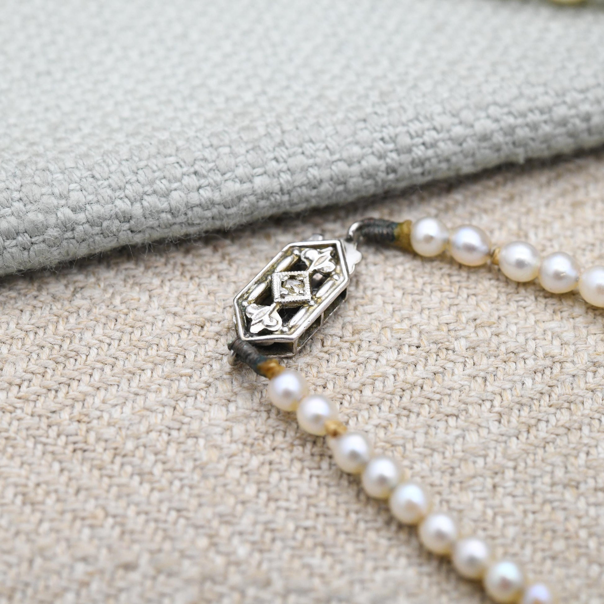 Diamond Pearl Necklace 9ct White Gold Clasp - Delicate Graduated Pearl Strand | Choker Length 16"
