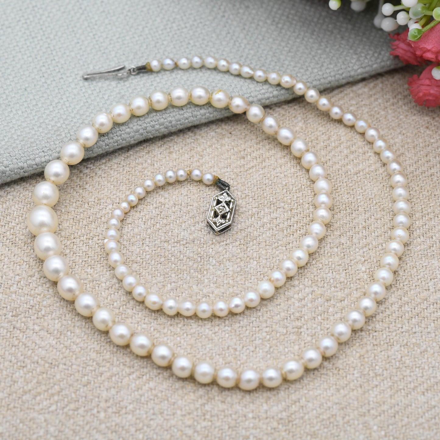 Diamond Pearl Necklace 9ct White Gold Clasp - Delicate Graduated Pearl Strand | Choker Length 16"