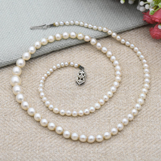 Diamond Pearl Necklace 9ct White Gold Clasp - Delicate Graduated Pearl Strand | Choker Length 16"