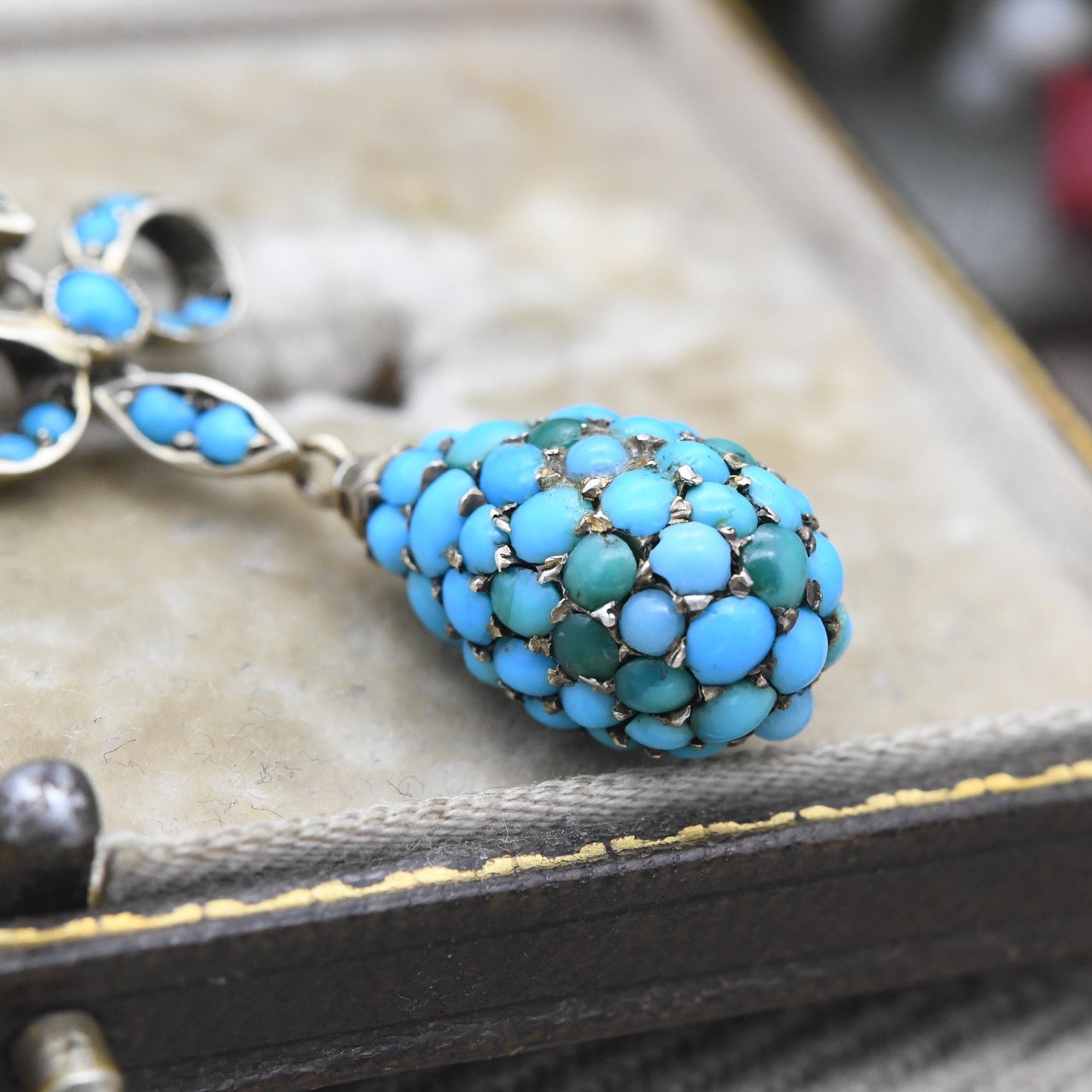 Antique Turquoise Cluster Necklace with Bow and Egg Integral Pendant c. 1890s Victorian - Blue Stone Drop | Silver Gilt | Jewellery Gift