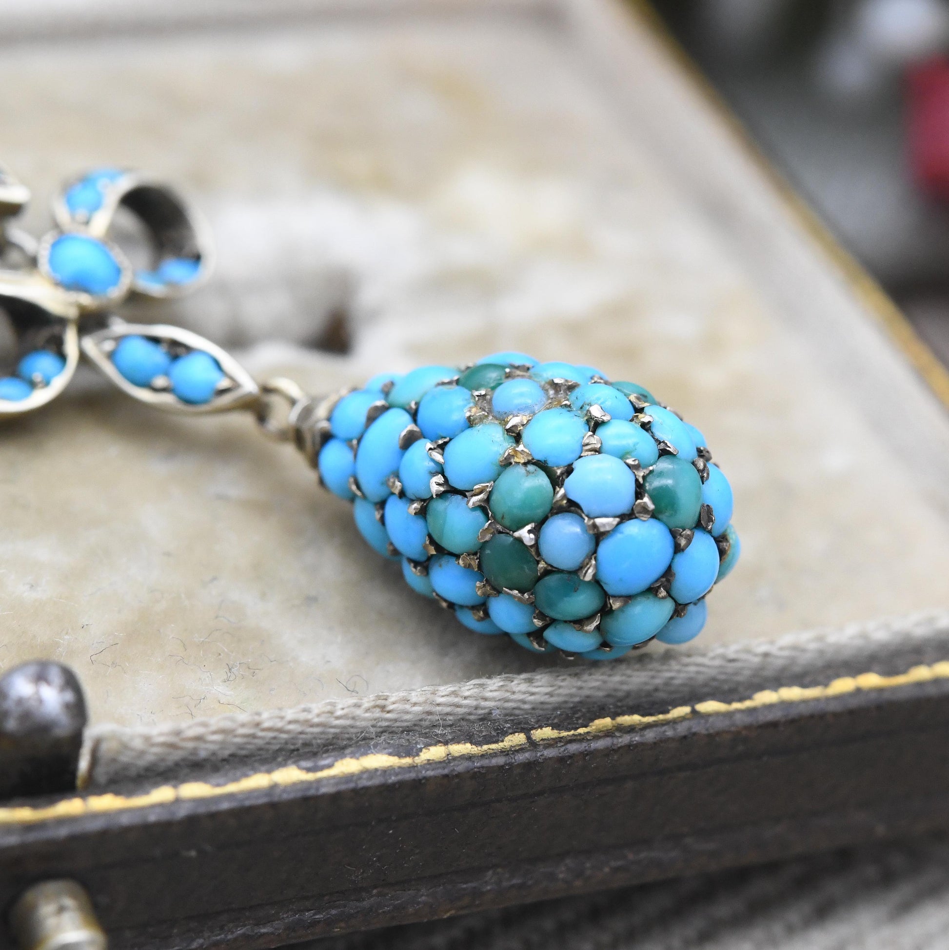 Antique Turquoise Cluster Necklace with Bow and Egg Integral Pendant c. 1890s Victorian - Blue Stone Drop | Silver Gilt | Jewellery Gift