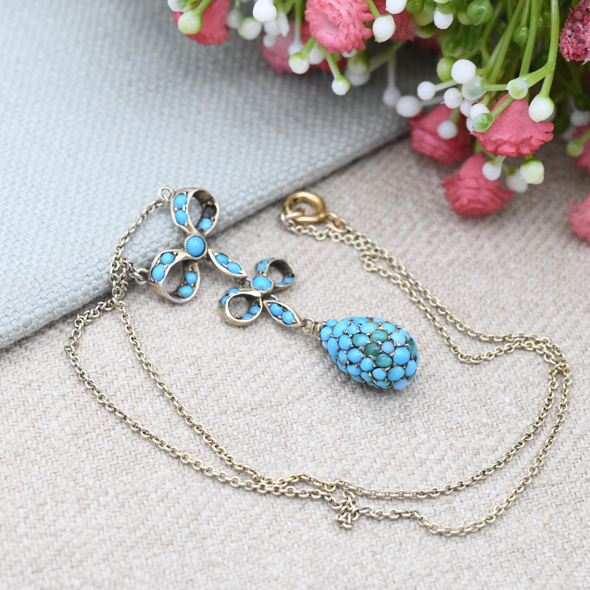 Antique Turquoise Cluster Necklace with Bow and Egg Integral Pendant c. 1890s Victorian - Blue Stone Drop | Silver Gilt | Jewellery Gift