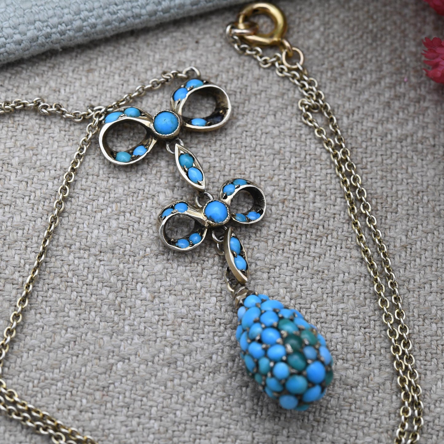 Antique Turquoise Cluster Necklace with Bow and Egg Integral Pendant c. 1890s Victorian - Blue Stone Drop | Silver Gilt | Jewellery Gift