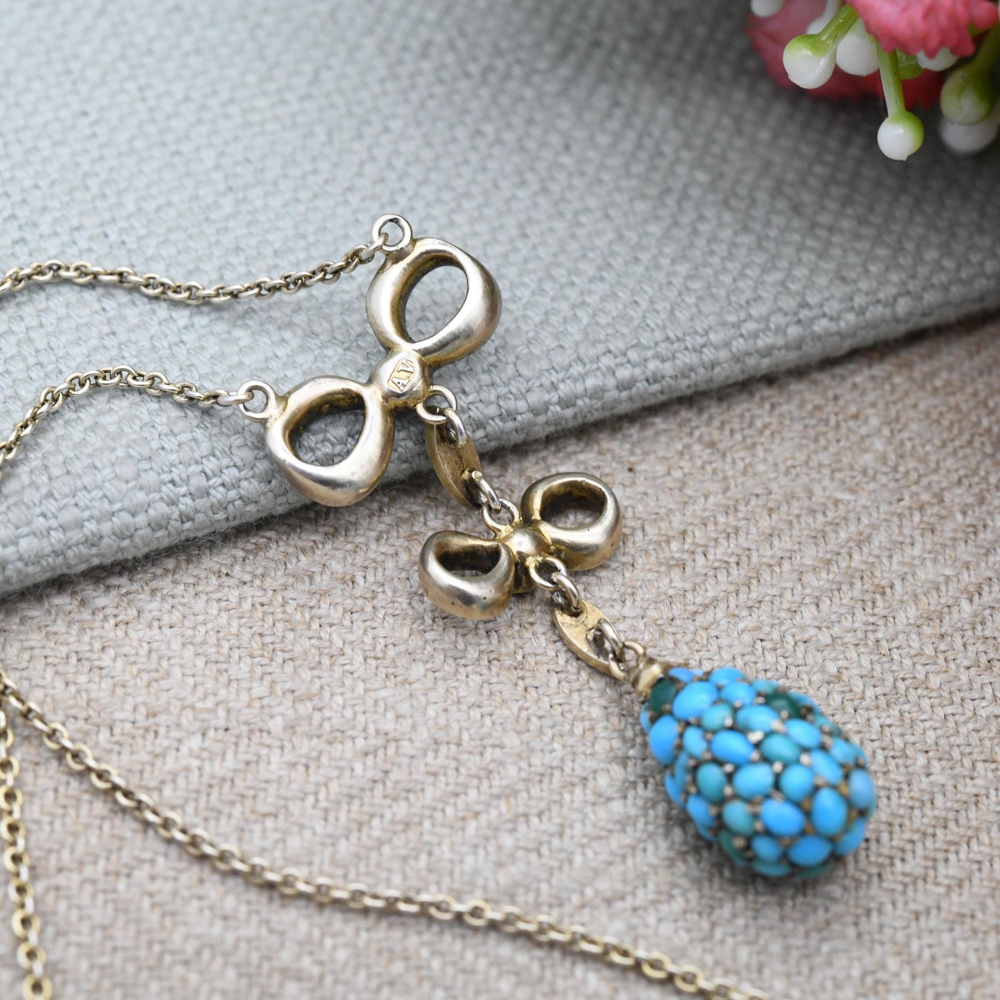 Antique Turquoise Cluster Necklace with Bow and Egg Integral Pendant c. 1890s Victorian - Blue Stone Drop | Silver Gilt | Jewellery Gift