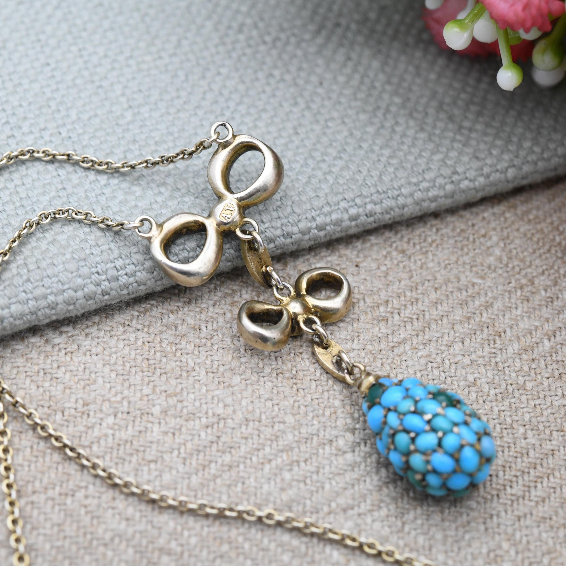 Antique Turquoise Cluster Necklace with Bow and Egg Integral Pendant c. 1890s Victorian - Blue Stone Drop | Silver Gilt | Jewellery Gift