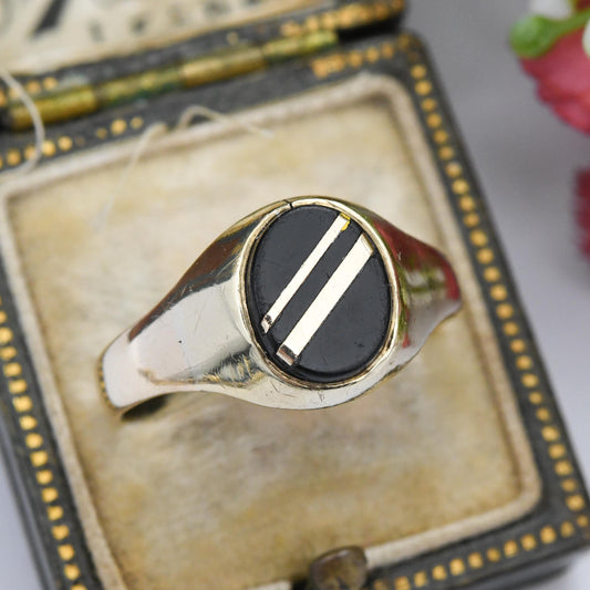 Vintage 9ct Gold Onyx Signet Ring 1990 with Double Gold Stripes - Mid-Century Unisex Jewellery Gift for Him | UK Size - U | US Size - 10