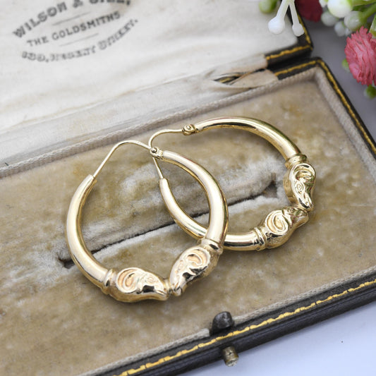 Vintage 9ct Gold Double Ram Head Hoop Earrings 29mm Diameter - Yellow Gold Hollow Round Hoops | Everyday Earrings | Big Animal Jewellery