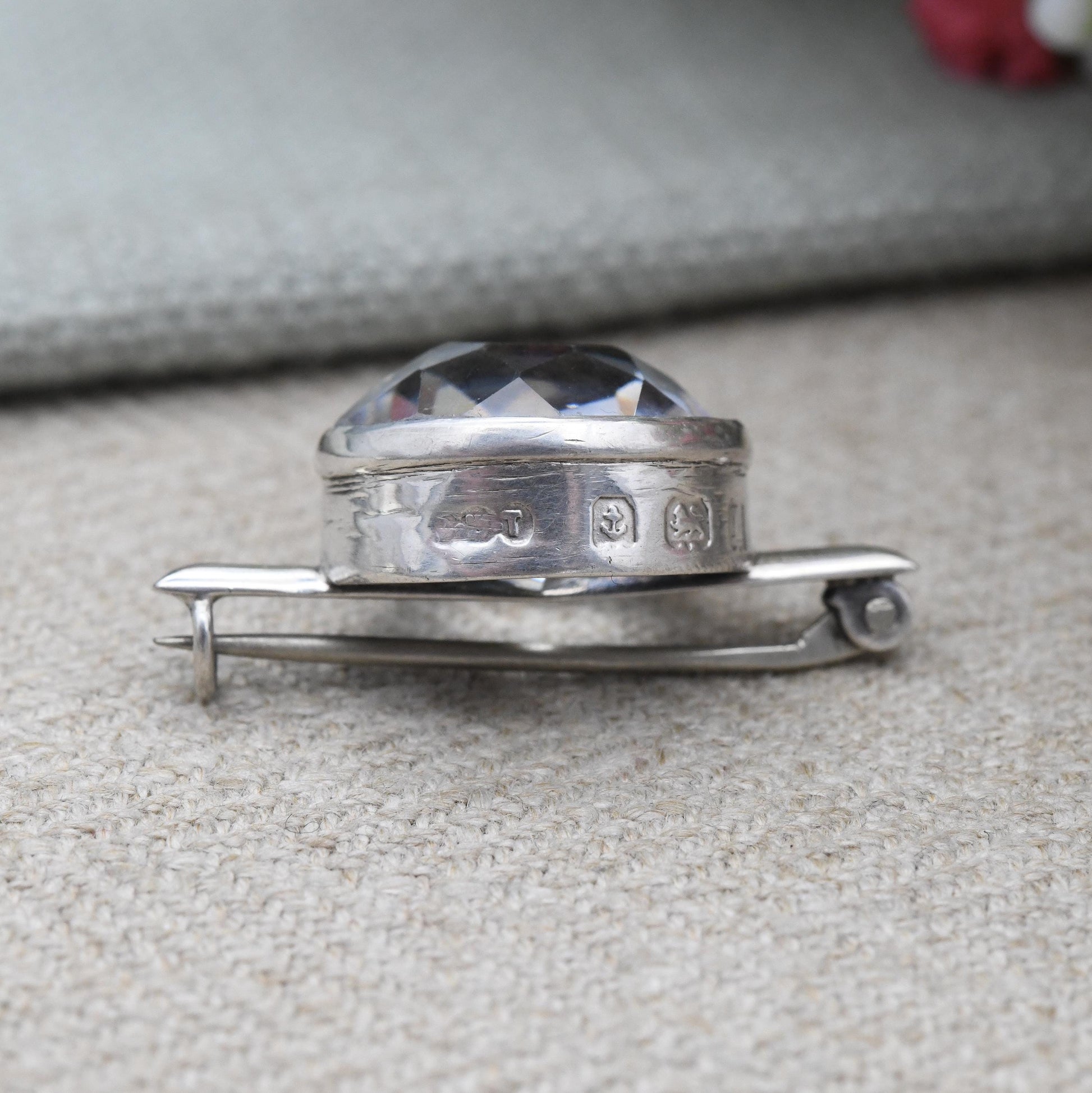 Vintage Sterling Silver Brooch with Faceted Clear Stone by James Walter Tiptaft JWT 1935 - Big Clear Stone | Art Deco Period UK Hallmarks