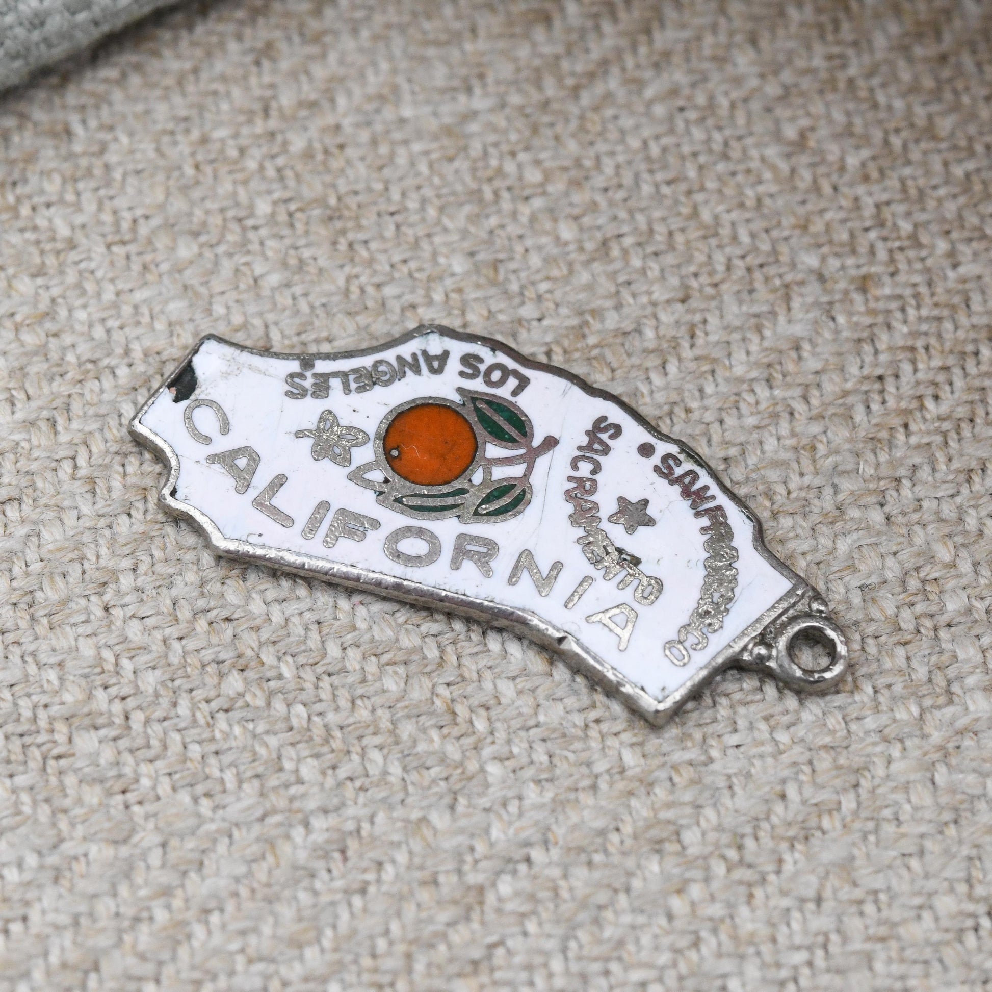 Vintage Enamel California Charm Pendant American Souvenir Map of CA - Colourful White and Orange | San Francisco Souvenir Jewellery Gift