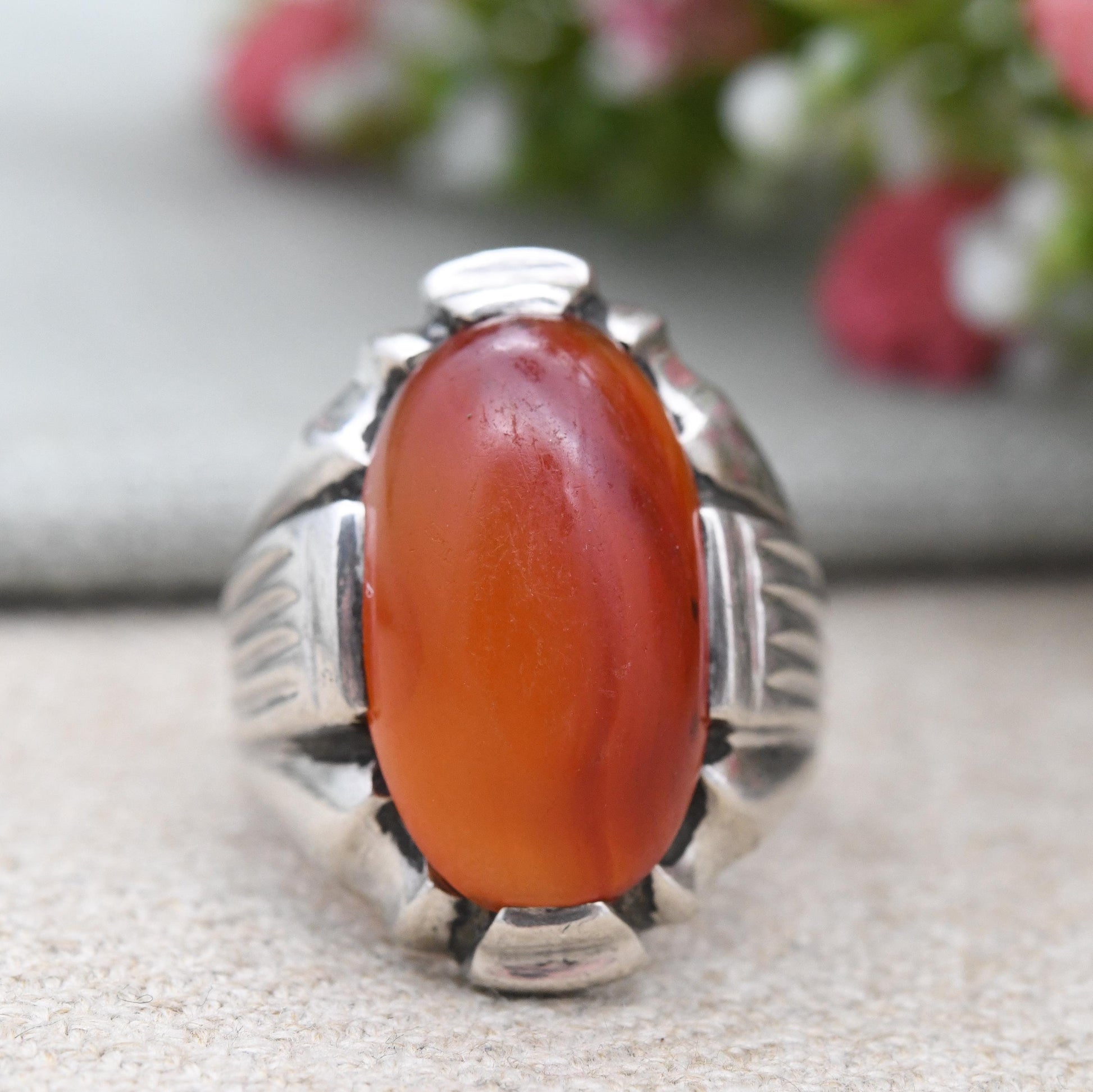 Vintage European Silver Carnelian Ring Tank Mid-Century c. 1940s - Chunky Large Red Stone Statement Ring | UK Size - R 1/2 | US Size - 9