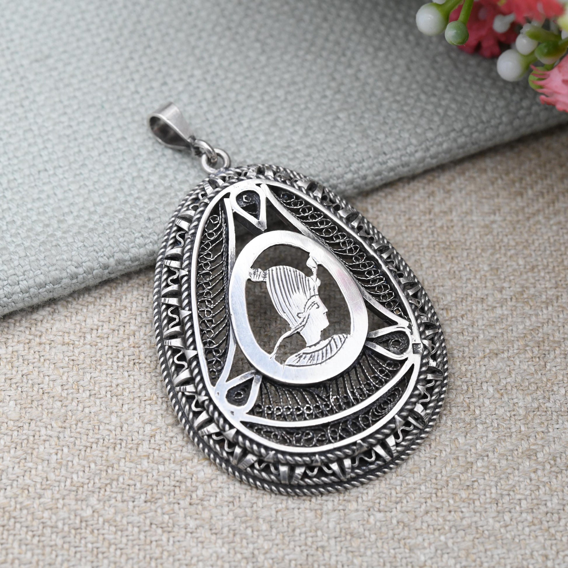 Vintage Egyptian Silver Pharaoh Pendant with Open Cut Out Design - Large Ancient Egypt Souvenir Symbol Jewellery | Egyptian Revival Pendant