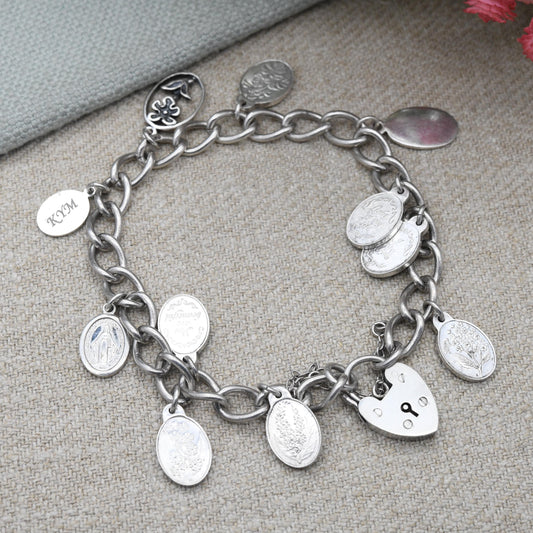 Vintage Sterling Silver Charm Bracelet with 11 Charms 1975 - Danbury Mint Charming Bears Forget Me Not Flowers | Curb Links Charm Set