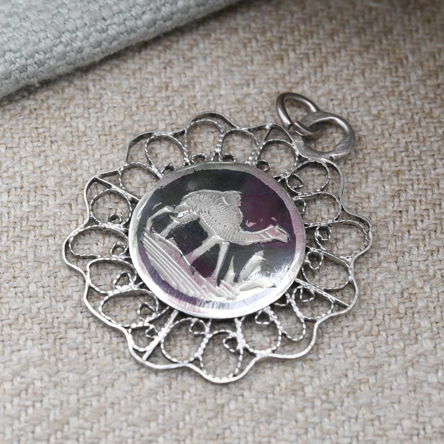 Vintage Sterling Silver Desert Scene Pendant with Black Niello - Camel Tree Sahara Desert Hand Engraved | Floral Shape | Arabic Hallmarks