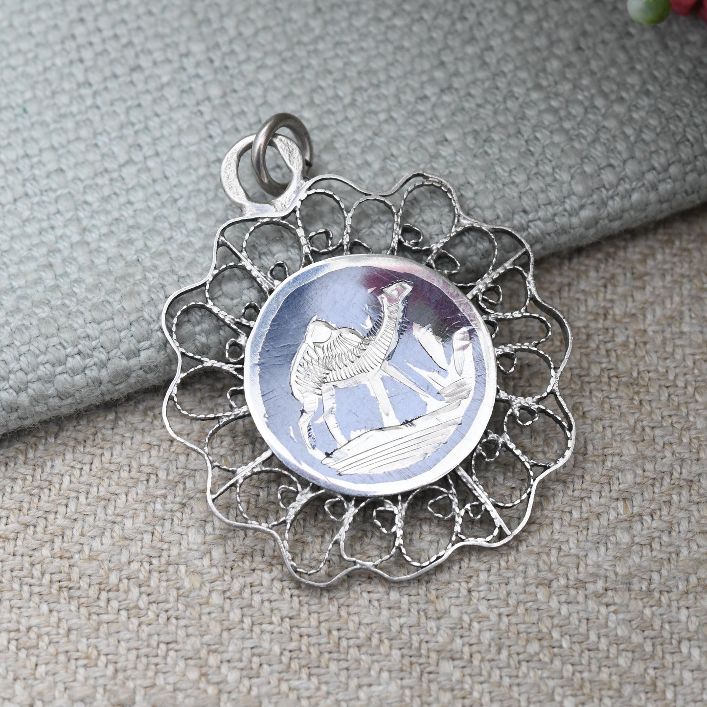 Vintage Sterling Silver Desert Scene Pendant with Black Niello - Camel Tree Sahara Desert Hand Engraved | Floral Shape | Arabic Hallmarks