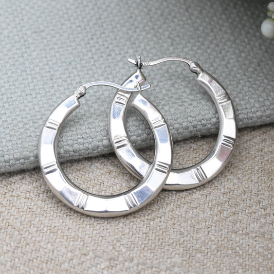 Vintage Sterling Silver Hoop Earrings - Textured Line Hoops Minimalist Design Everyday Jewellery | Made in Thailand