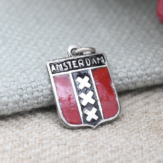 Vintage Silver and Enamel Amsterdam Souvenir Shield Charm Pendant - Netherlands Capital City Flag for Charm Bracelet Scrap Book Holiday Gift