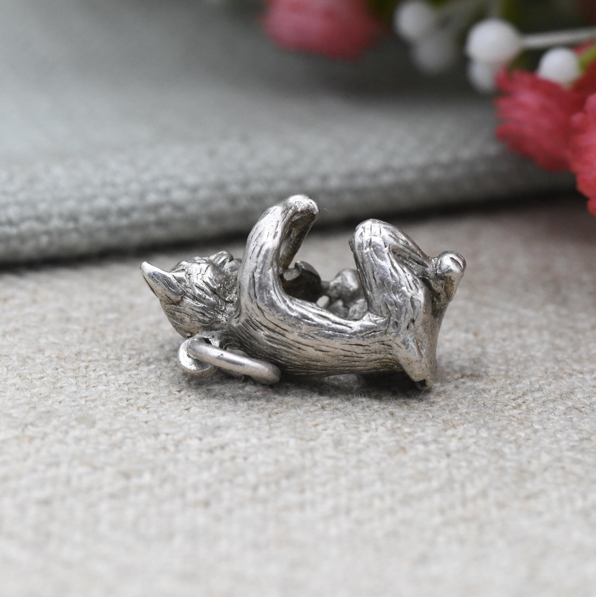 Vintage Sterling Silver Cat Playing a Fiddle Charm Pendant c. 1960s - Children's Nursery Rhyme Theme Charm | Sitting Cat Anthropomorphic