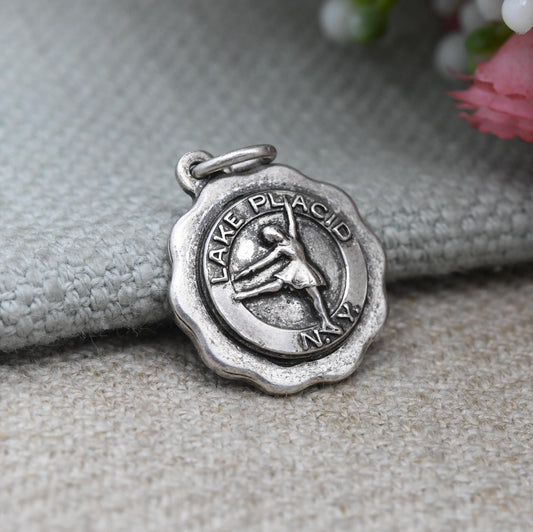 Vintage Sterling Silver Lake Placid Souvenir Charm Pendant New York USA - America Charm Bracelet Collection | Ice Skater Girl Flag | Signed