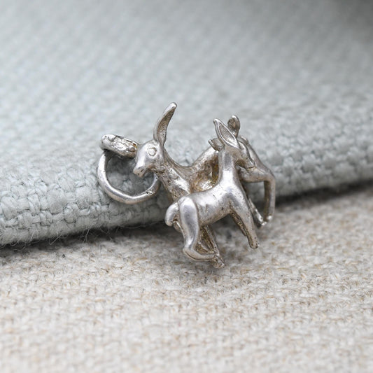 Vintage Sterling Silver Deer & Fawn Charm Pendant - Bambi Style Woodland Animal | for Charm Bracelet | Mother and Baby Animal