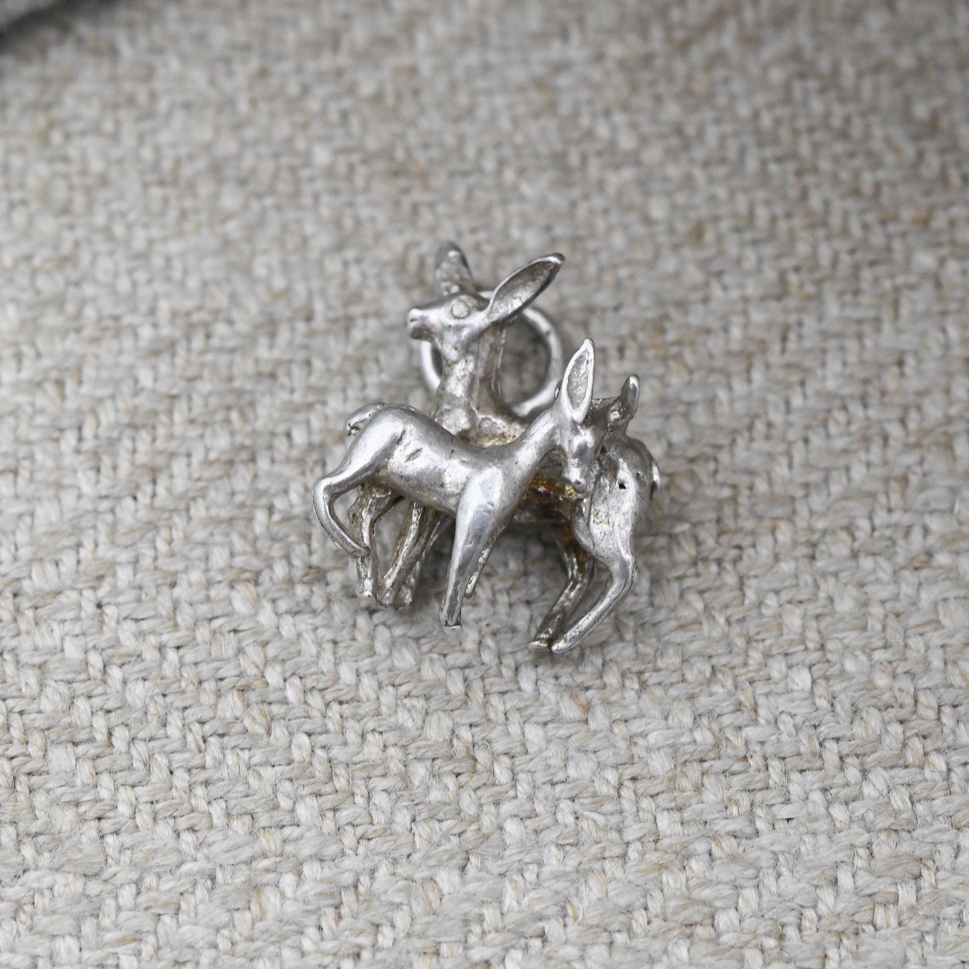 Vintage Sterling Silver Deer & Fawn Charm Pendant - Bambi Style Woodland Animal | for Charm Bracelet | Mother and Baby Animal