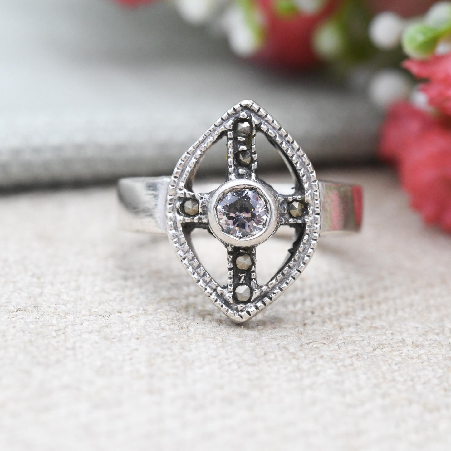 Vintage Sterling Silver Marquise Shape Solitaire Ring with Marcasite - Round Clear Stone Milgrain Setting | UK Size - M | US Size - 6 1/2