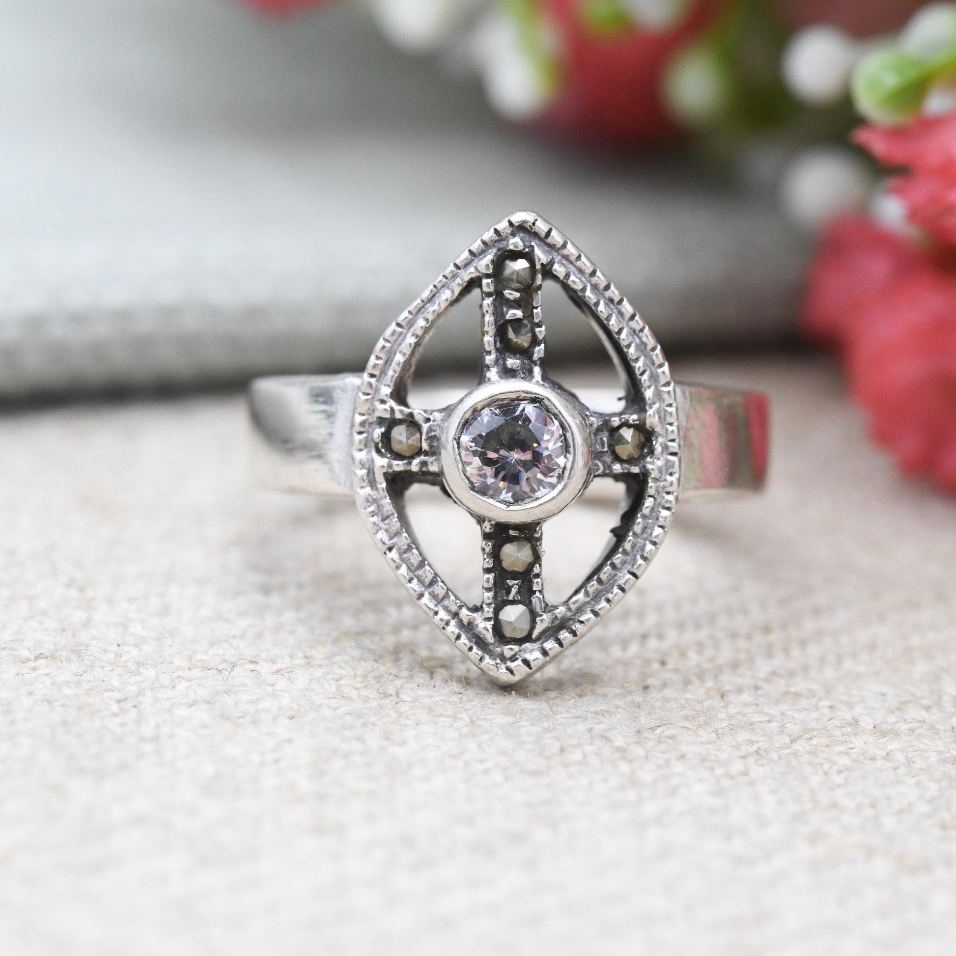 Vintage Sterling Silver Marquise Shape Solitaire Ring with Marcasite - Round Clear Stone Milgrain Setting | UK Size - M | US Size - 6 1/2