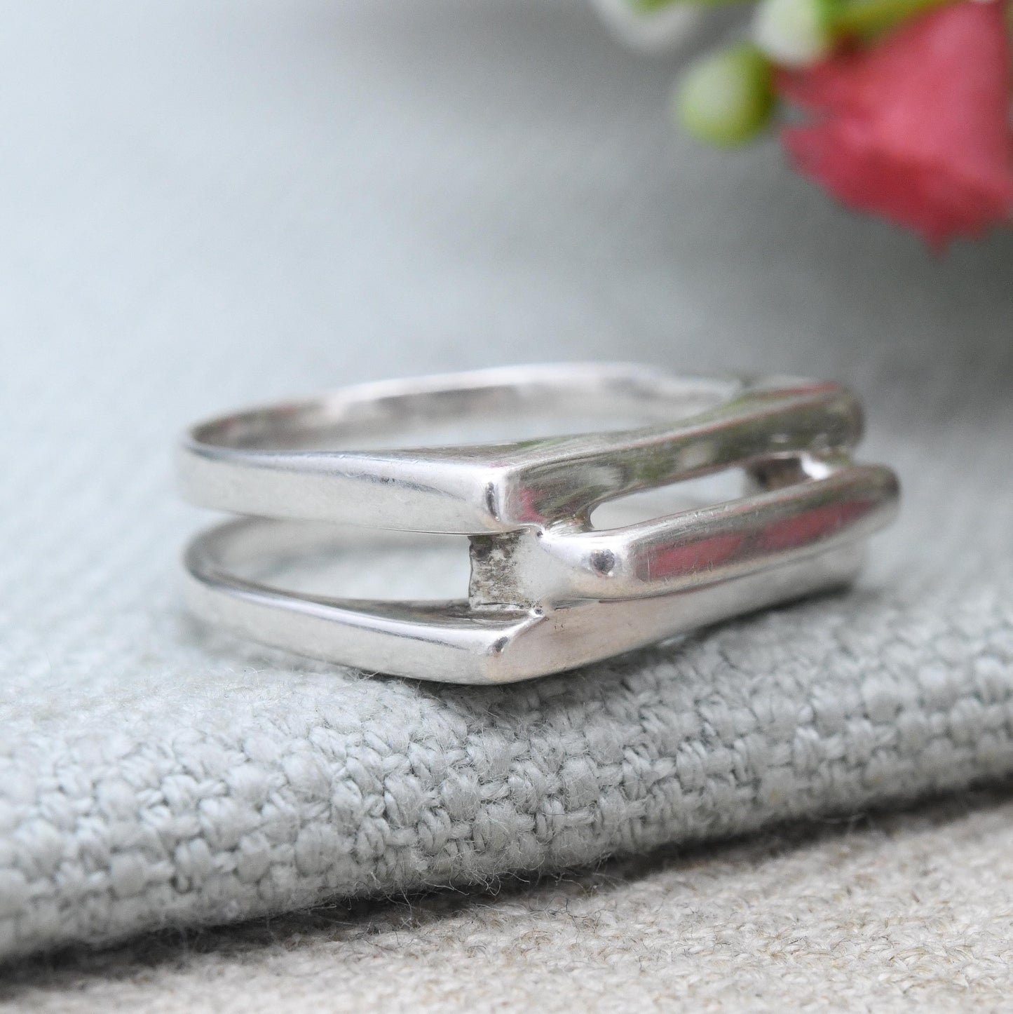 Vintage Sterling Silver Modernist Squared Band Ring - Openwork Rectangle Design Minimalist Unisex Silver | UK Size - L 1/2 | US Size - 6 1/4