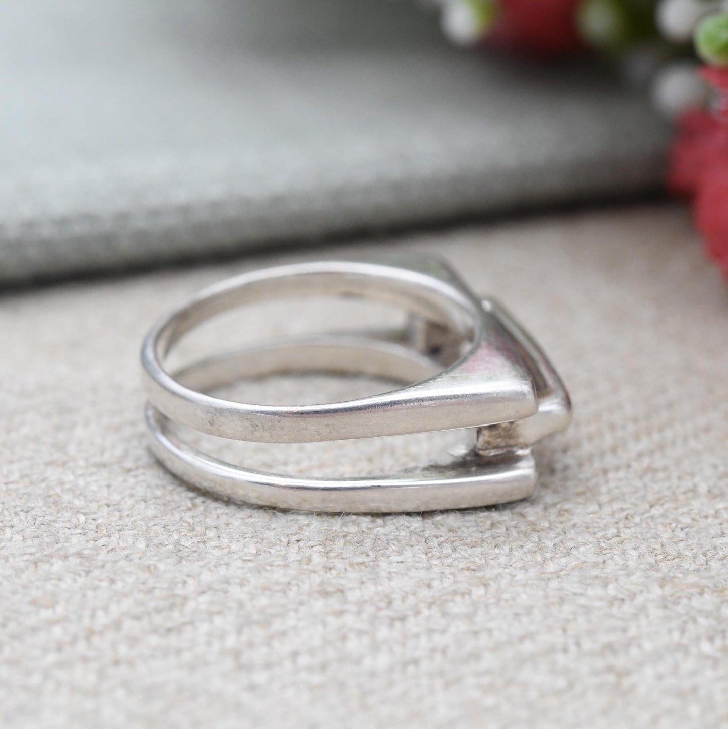 Vintage Sterling Silver Modernist Squared Band Ring - Openwork Rectangle Design Minimalist Unisex Silver | UK Size - L 1/2 | US Size - 6 1/4