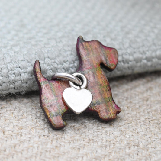 Vintage Tartan Scottie Dog Charm with Silver Heart Tag Pendant - Small Necklace Charm Bracelet