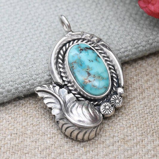 Vintage Southwestern Sterling Silver Turquoise Pendant - Cabochon Large Blue Stone with Floral Leaf Feather Border American Silver Jewellery