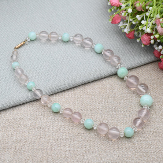 Vintage 9ct Gold Clasp Gemstone Necklace with Rose Quartz - Graduated Round Gem Beads Pink and Green Faceted Rock Crystal | Length 36cm 14"