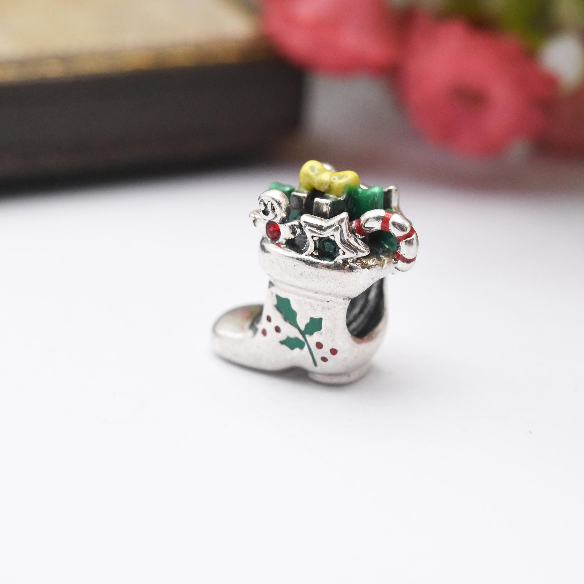 Vintage Chamilia Sterling Silver Christmas Stocking Charm Pendant - Candy Cane Boot | Green Holly | Red Stone | Xmas Gift for Charm Bracelet
