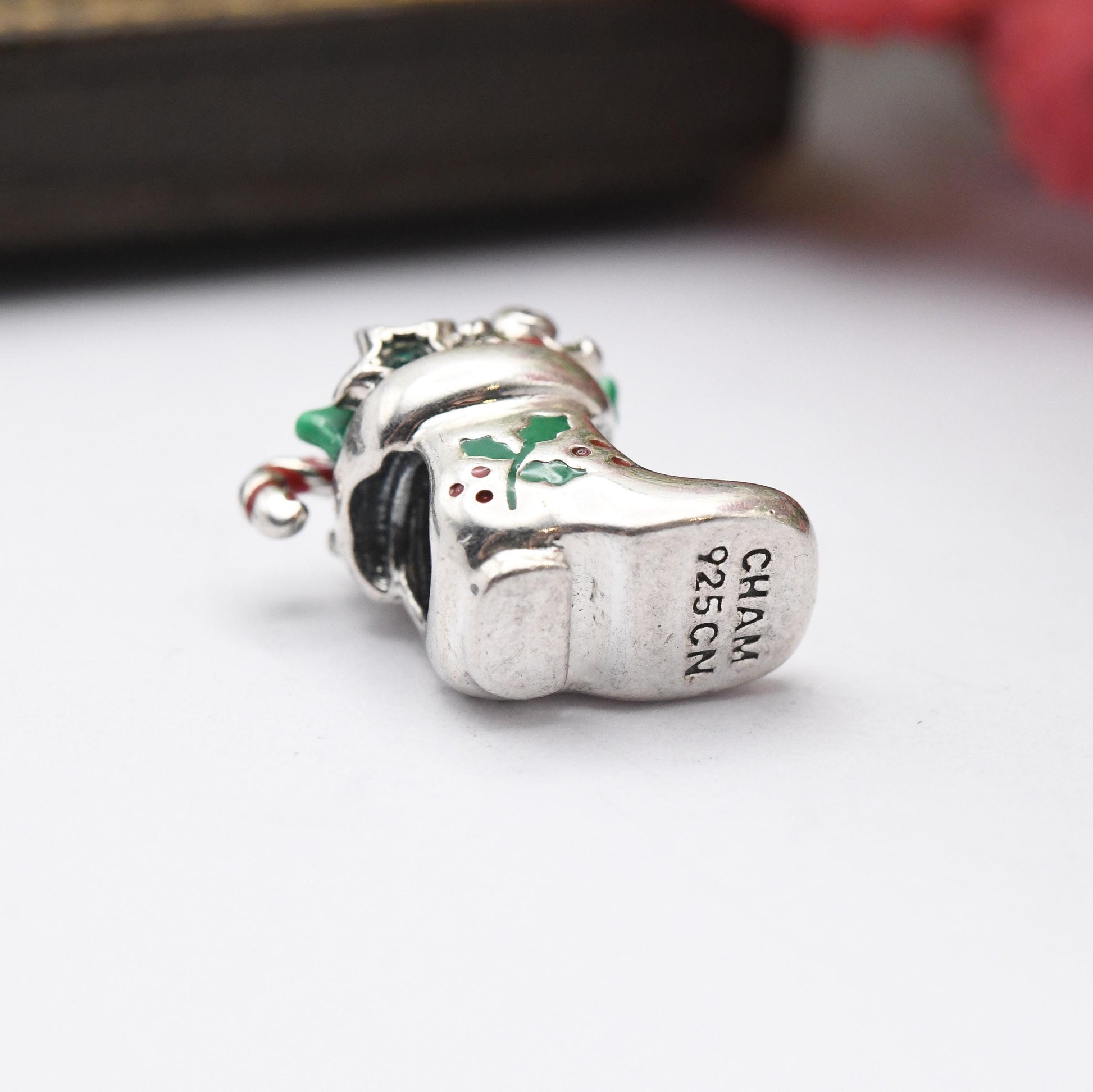 Vintage Chamilia Sterling Silver Christmas Stocking Charm Pendant - Candy Cane Boot | Green Holly | Red Stone | Xmas Gift for Charm Bracelet