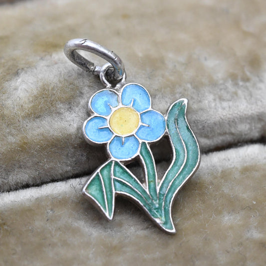 Vintage Sterling Silver Blue Flower Charm Pendant - Enamel | Floral | Garden | Souvenir Gift for Charm Bracelet