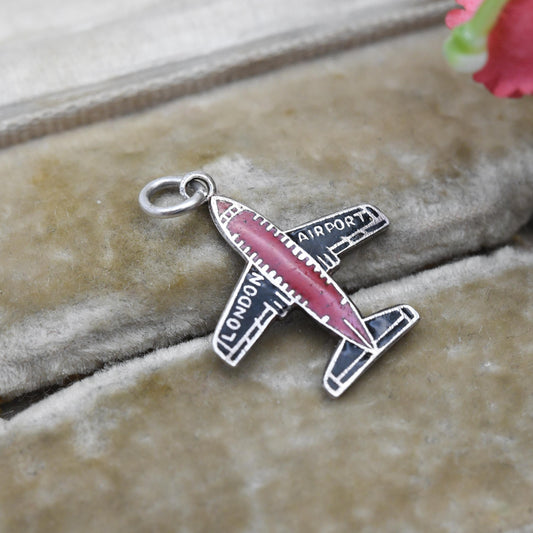 RARE Vintage Sterling Silver & Enamel London Airport Charm Pendant - Airplane | Plane | Souvenir Gift for Charm Bracelet