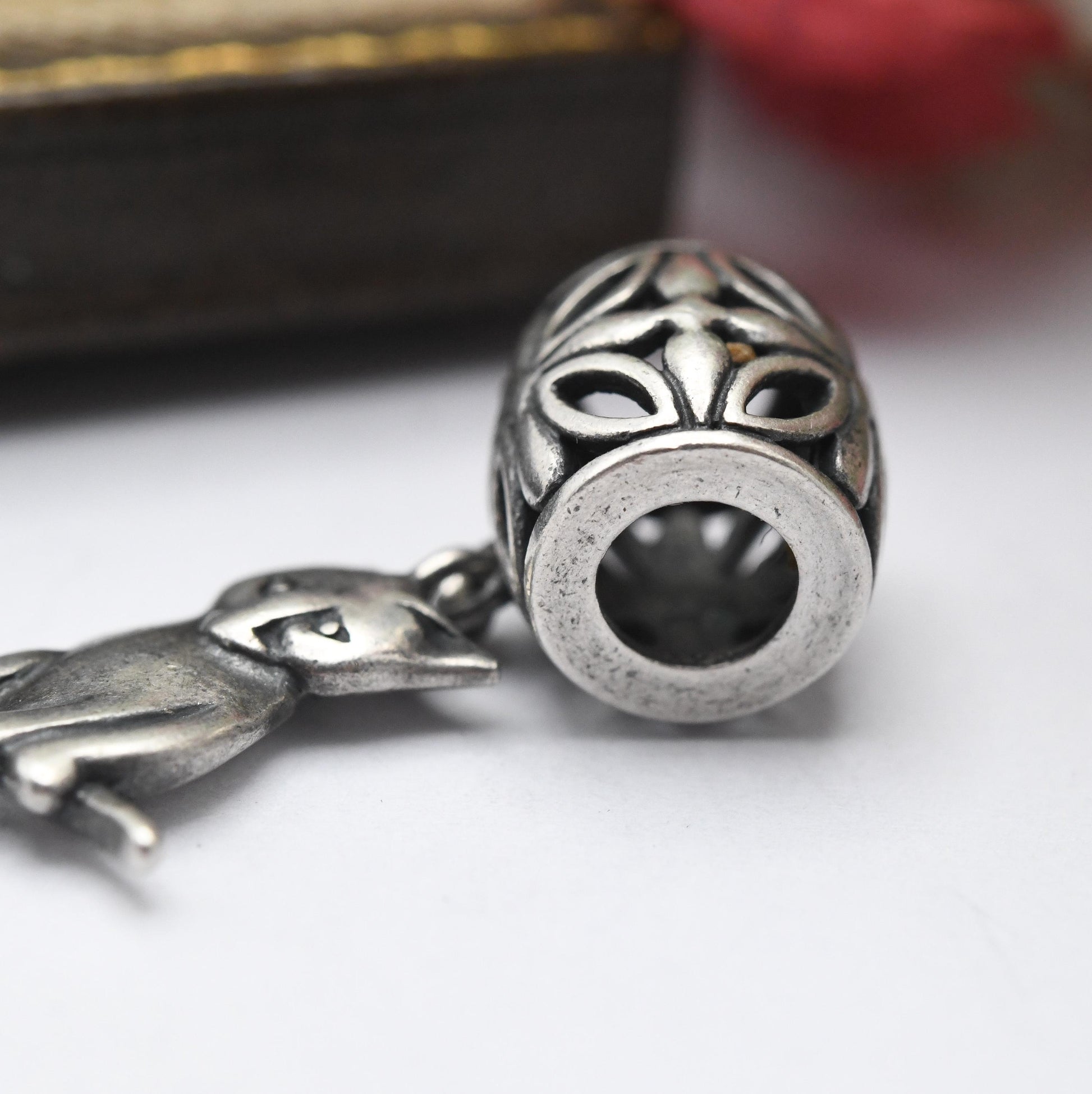 Vintage Sterling Silver Cat Charm Pendant with Floral Openwork Bale - Animal | Cat Lover | Souvenir Gift for Charm Bracelet